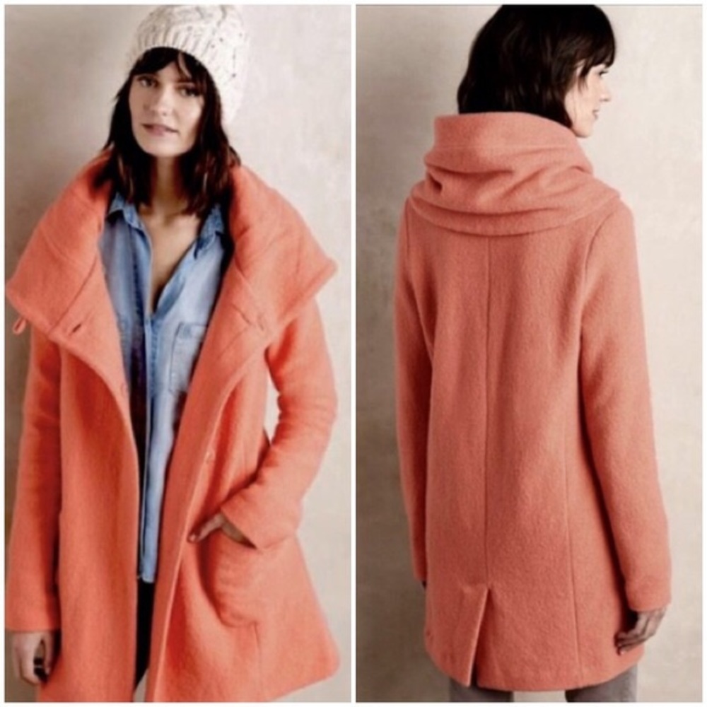 Anthropologie coral boiled wool hooded coat